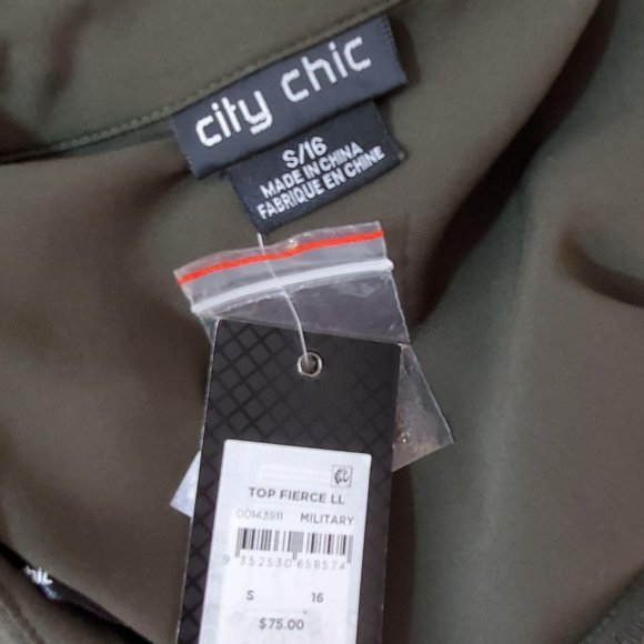 City Chic Tunic Top Military Green 16 High Low Button Front Collar 3/4 Sleeve NW - Picture 4 of 12
